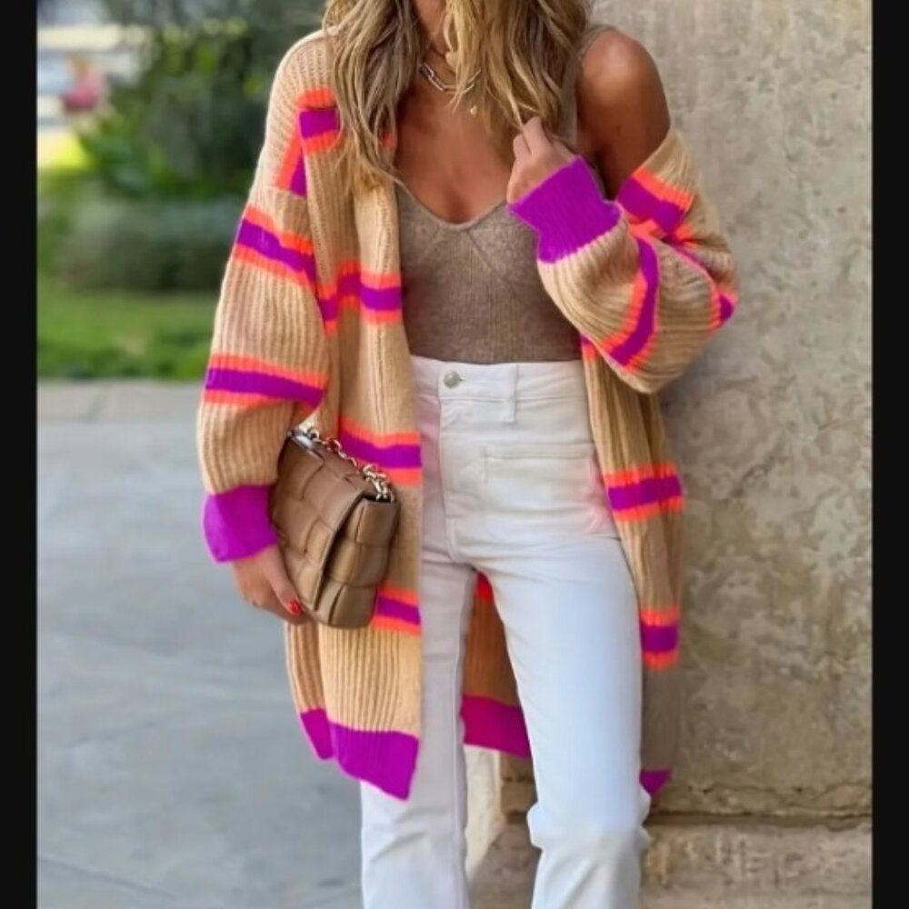 Boutique Striped Long Open Cardigan Knit Sweater sz XL NEW  /B1